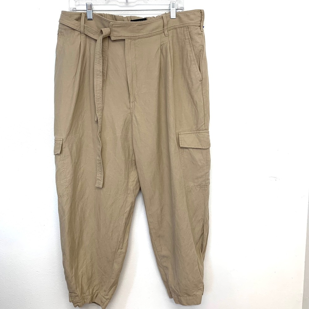 Banana Republic Khaki Linen Blend Cargo Utility Pants Women 18 Pleated Belted
